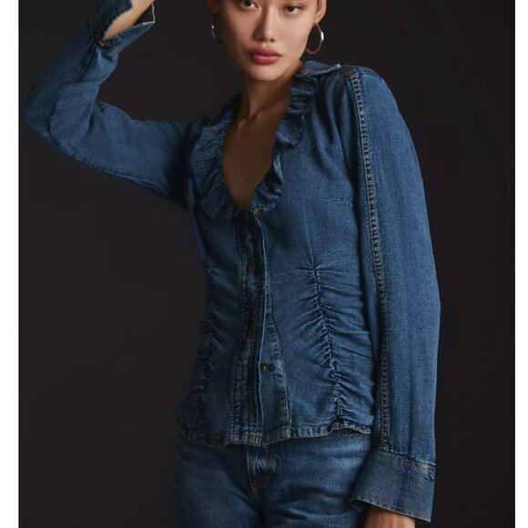 Anthropologie Tops - Anthropologie Pilcro Denim Shirred-Waist Ruffle-Neck Blouse Size S Blue